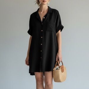 Brook + Lynn Black Cotton Mini Shirt Dress Button Front Tie Back Casual Summer